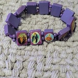 Purple Handmade Wooden Religious Saints Stretchy Beaded Bracelet